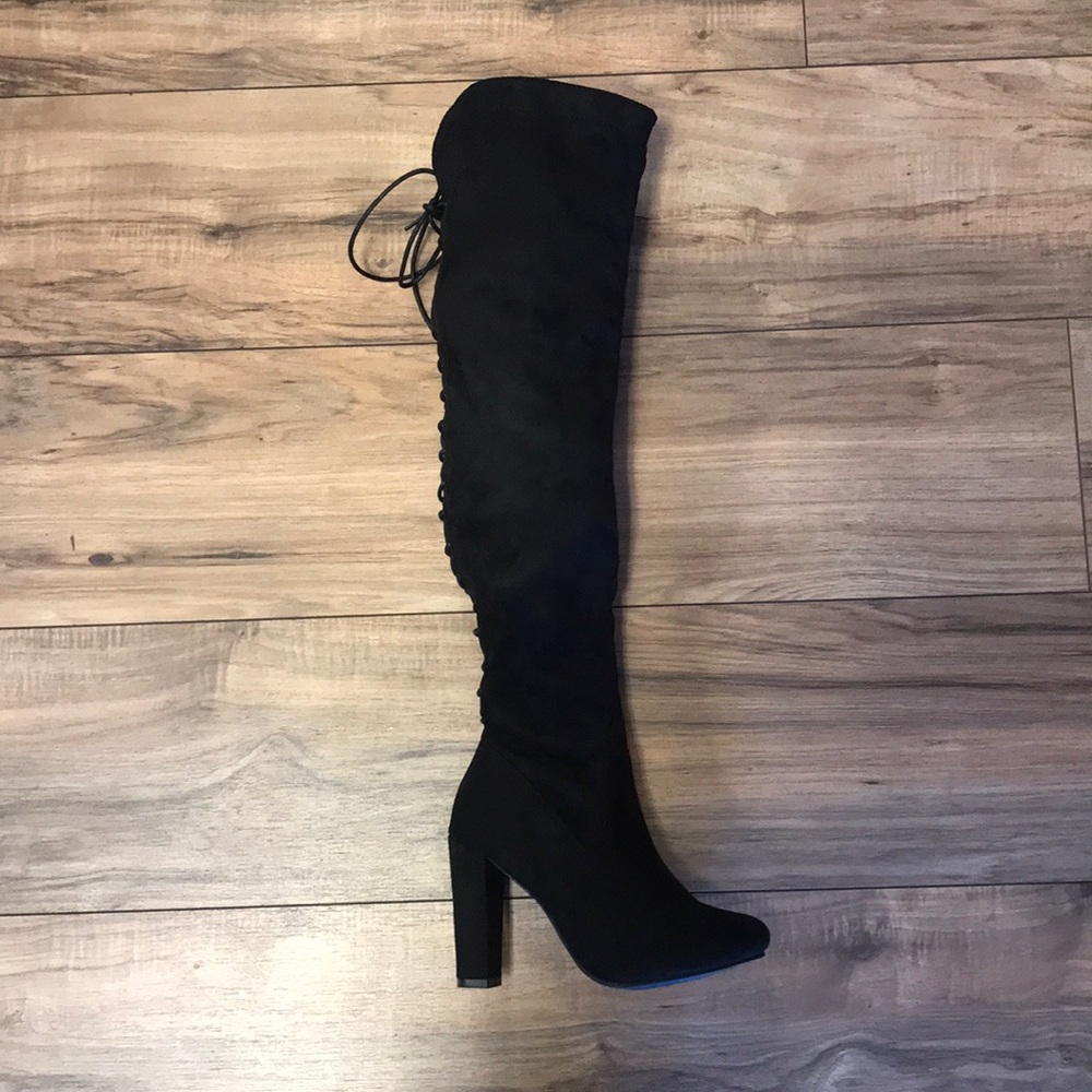 TOP Moda Black Over-the-Knee Lace-Up Block Heel Boots